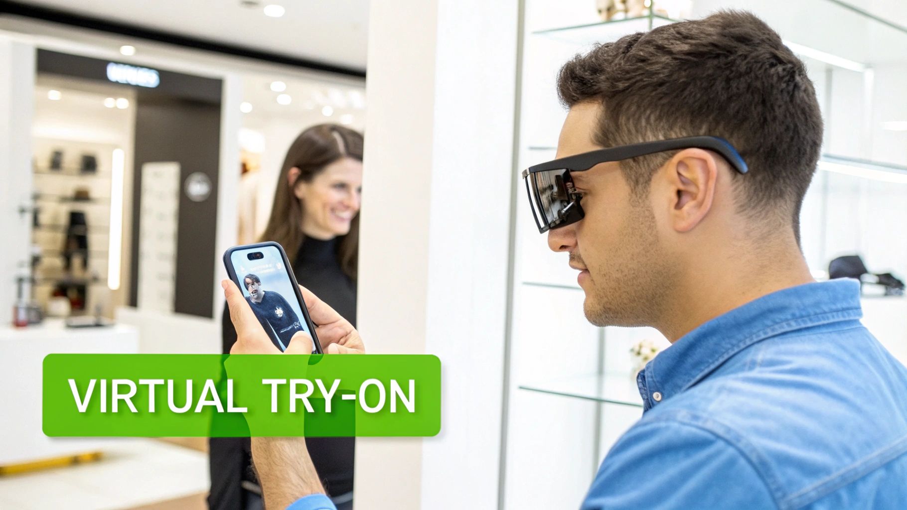 A man tries on augmented reality glasses in a store, while a phone displays his virtual try-on.
