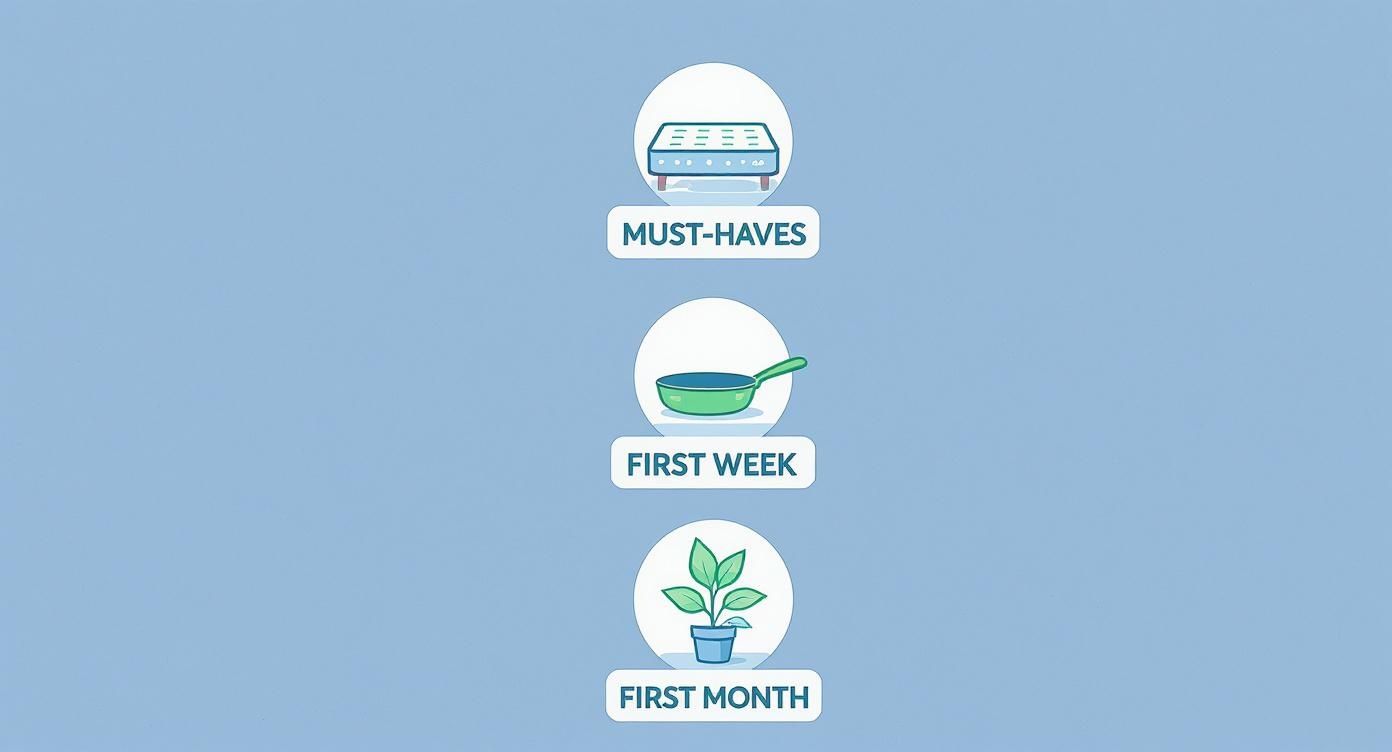 Three-tiered infographic showing first apartment essentials organized by timeline: must-haves, first week, and first month items