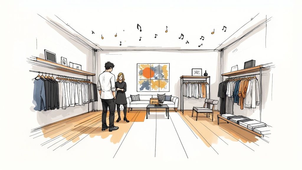 Woman smiling as she tries on a stylish jacket in a boutique fitting room.