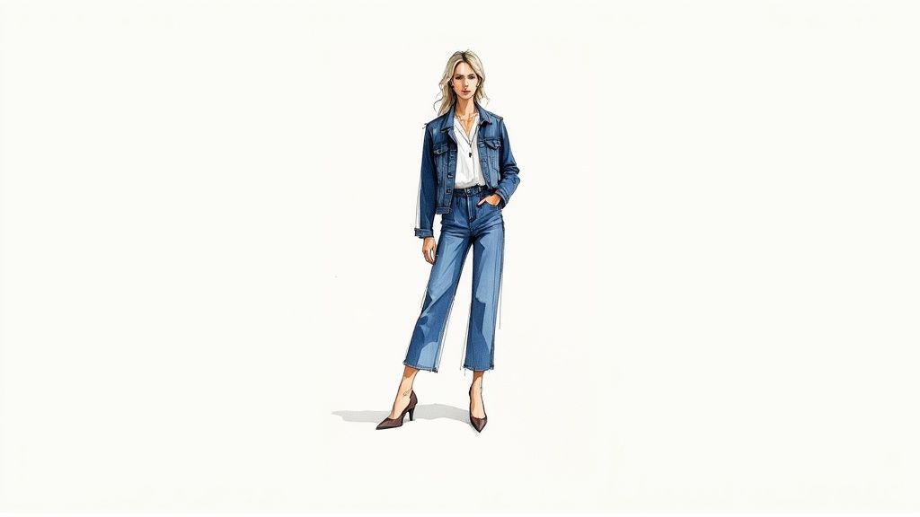 A fashion illustration of a woman wearing a denim jacket, white shirt, blue wide-leg jeans, and heels.
