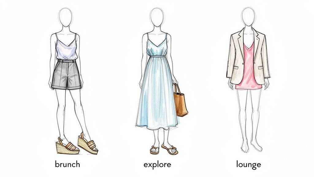 Fashion illustrations of three elegant resort wear outfits for women: brunch, explore, and lounge styles.