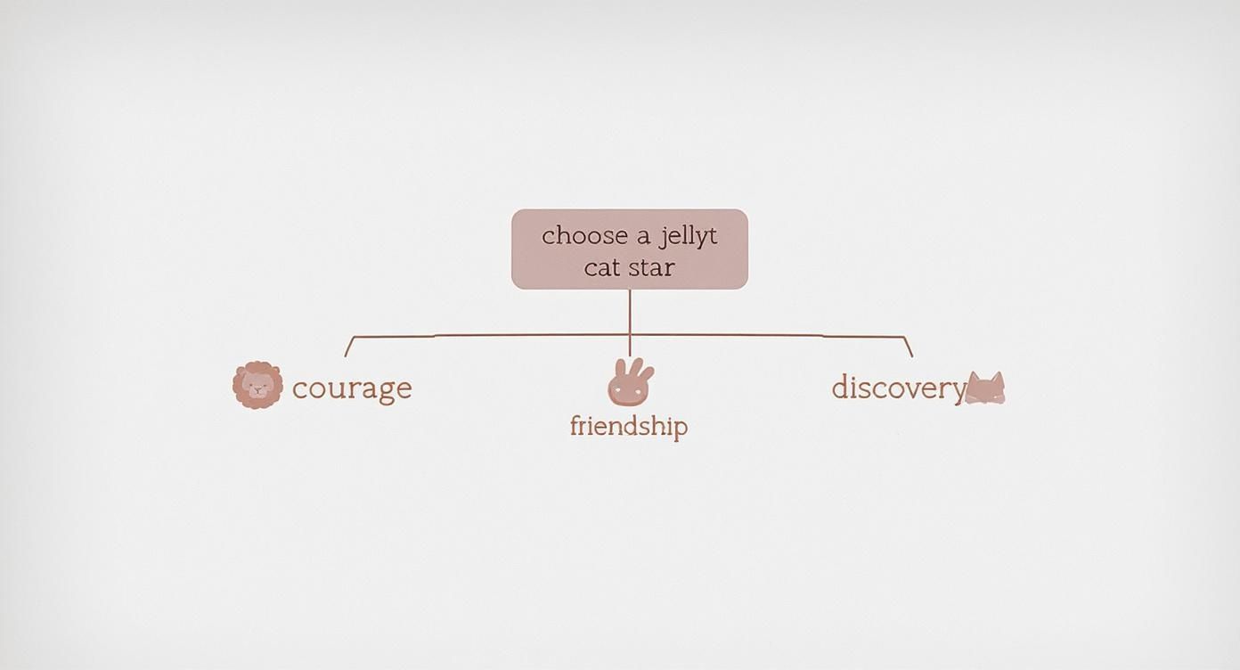Infographic decision tree showing how to choose a Jellycat star based on the values of courage, friendship, or discovery.
