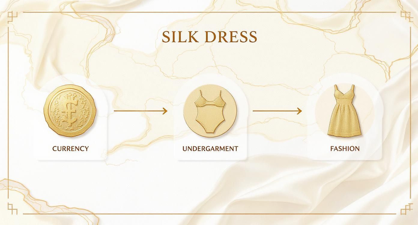 Infographic showing silk dress evolution from currency to undergarment to fashion with elegant gold design