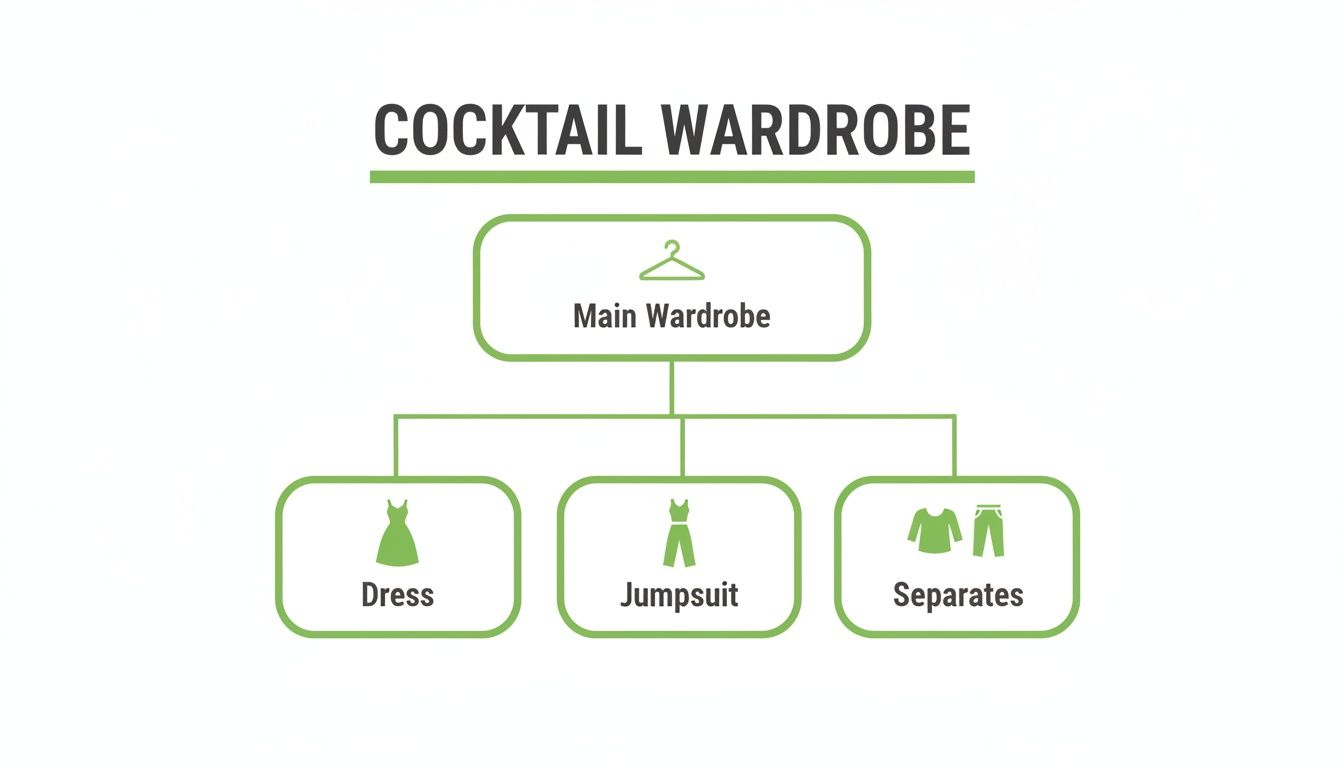 A diagram outlining cocktail wardrobe options, featuring main wardrobe, dress, jumpsuit, and separates.