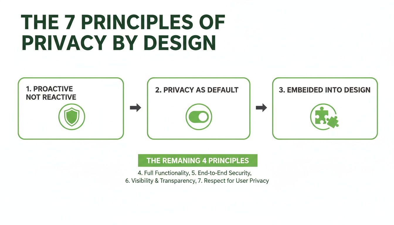 Diagram outlining the 7 principles of Privacy by Design, detailing the first three visually.