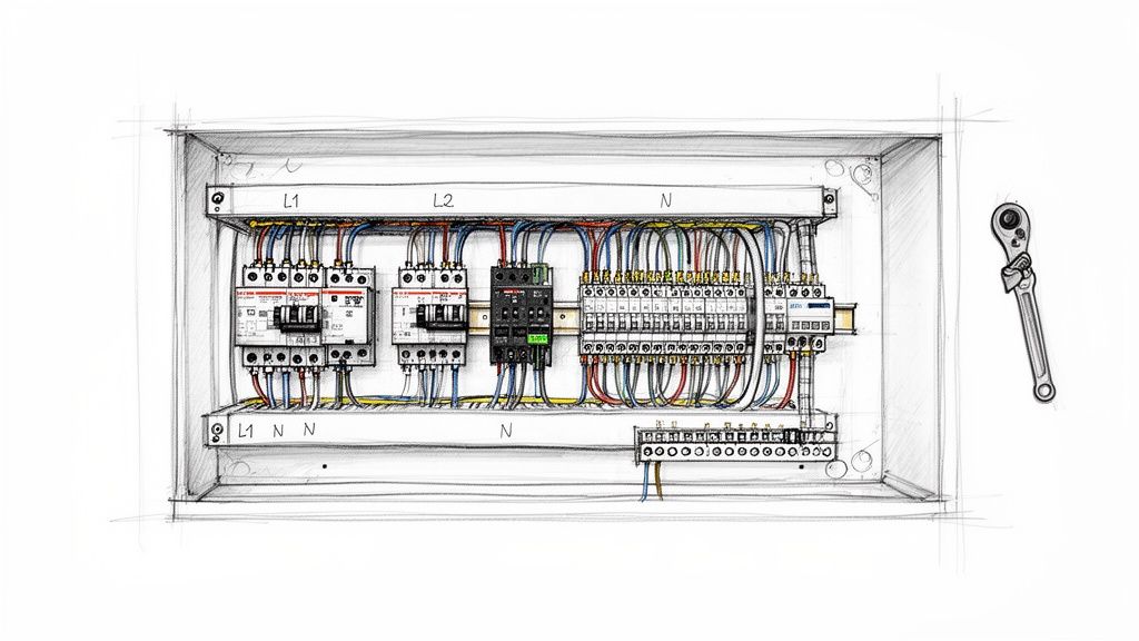 A detailed sketch of an electrical control panel with circuit breakers, contactors, terminals, and organized wiring, alongside a wrench.
