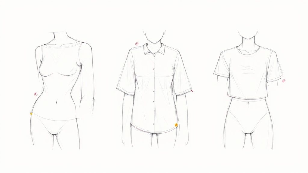 Three fashion sketches showing different tops: a sheer top, a short-sleeve button-up, and a crop top.