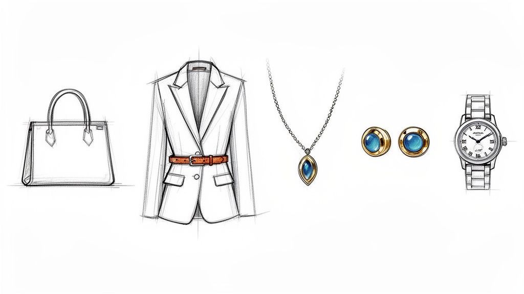 Sketches of women's fashion accessories including a handbag, a belted blazer, a necklace, earrings, and a watch.