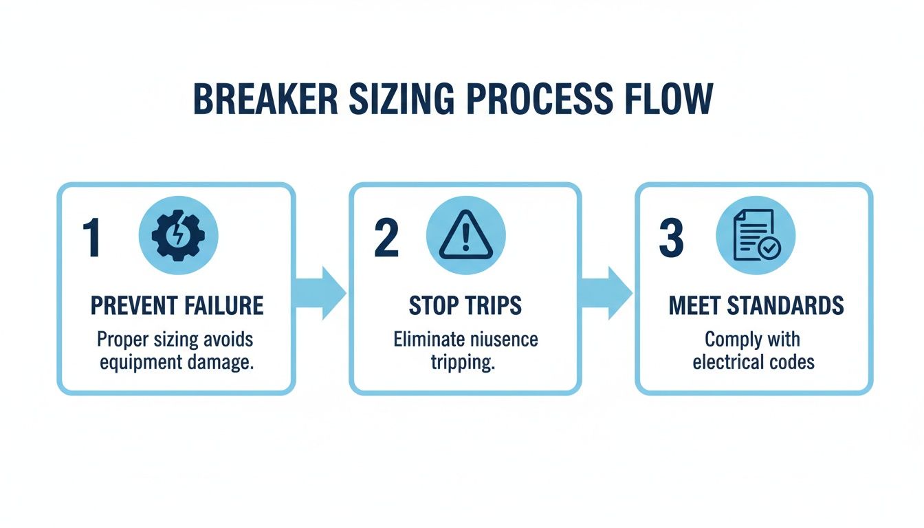 A flow chart illustrating the three-step circuit breaker sizing process for preventing failure, stopping trips, and meeting standards.