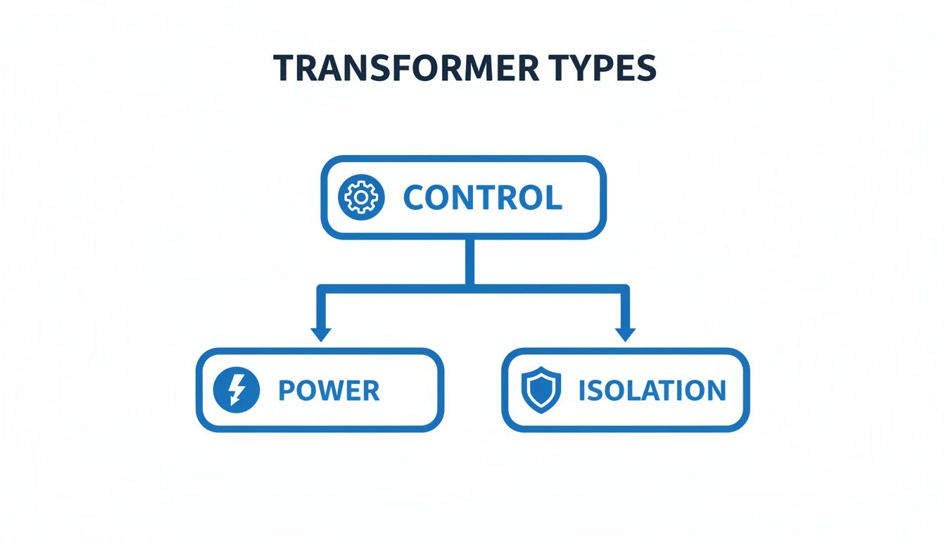 Flowchart illustrating transformer types: Control, which branches into Power and Isolation.
