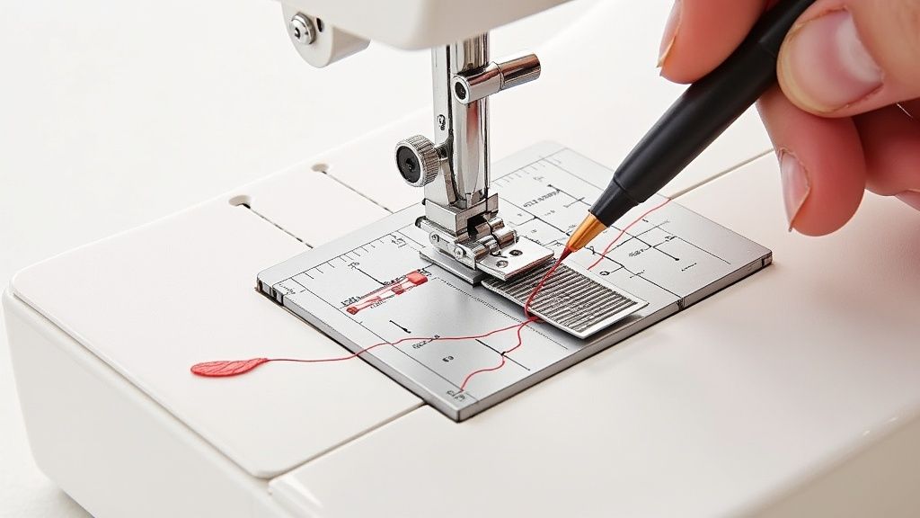 A close-up view of a sewing machine bobbin case with a small screwdriver pointing to the tension screw.
