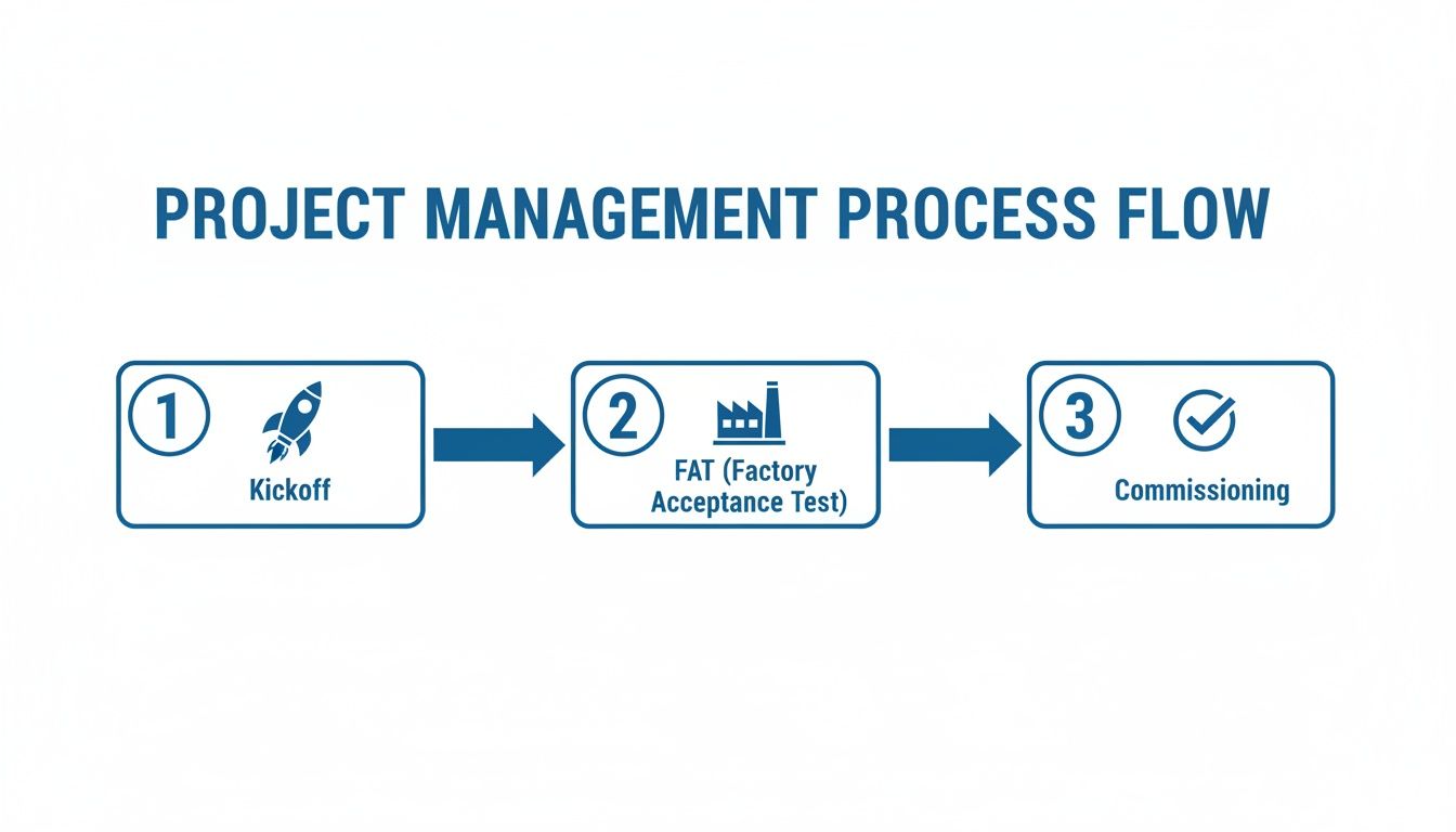 Project management process flow diagram showing three sequential steps: Kickoff, Factory Acceptance Test, and Commissioning.