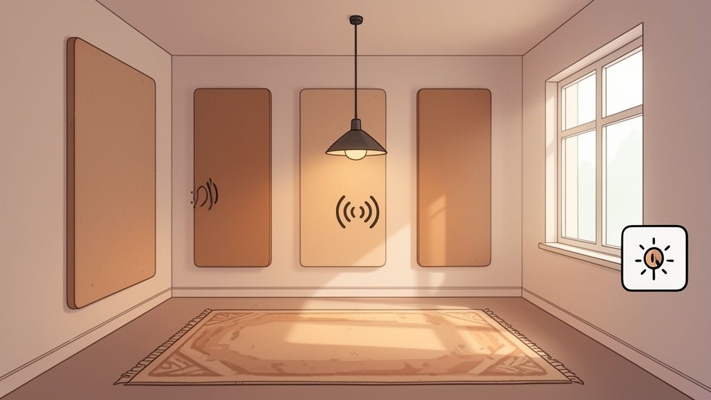 A minimalist cartoon room with four acoustic panels, a hanging lamp, a window, and a rug.