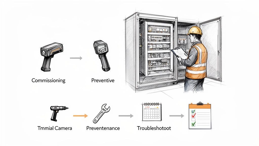 Diagram showing the process of electrical system inspection and preventive maintenance with thermal cameras and tools.