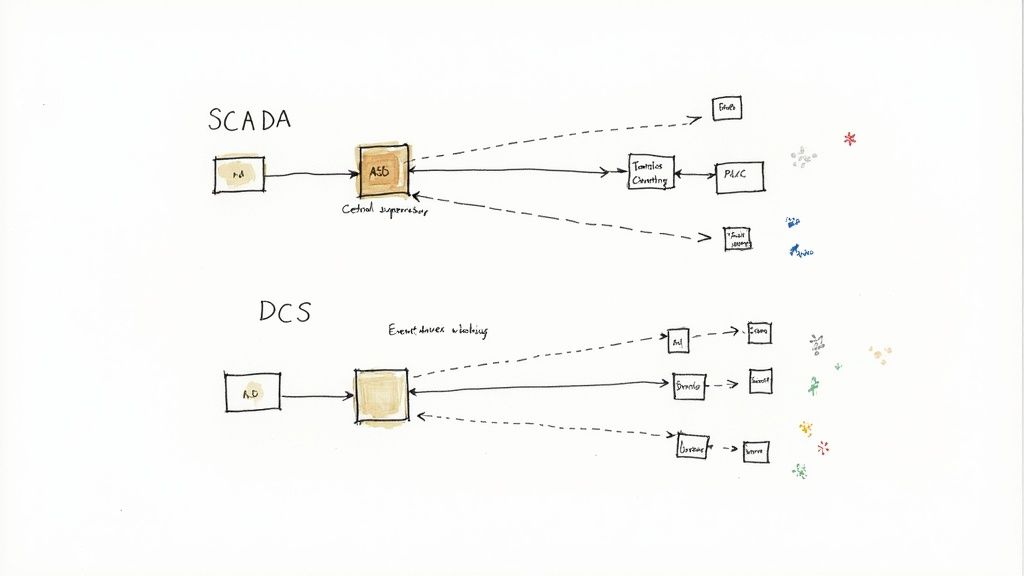 Diagram comparing SCADA and DCS control system architectures with supervisory and distributed control components