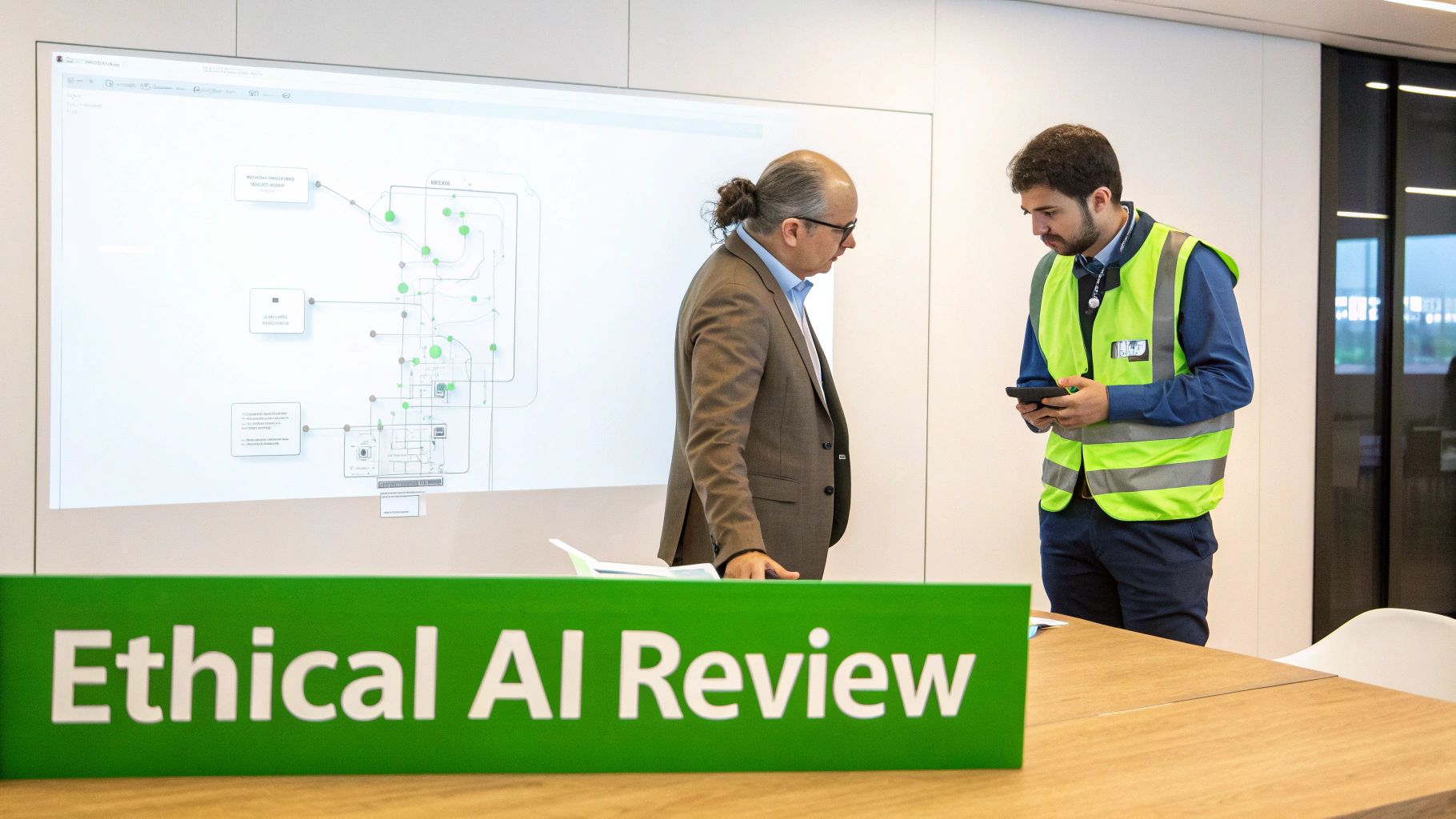 Two professionals discuss an 'Ethical AI Review' project, examining diagrams on a large screen in a modern office.