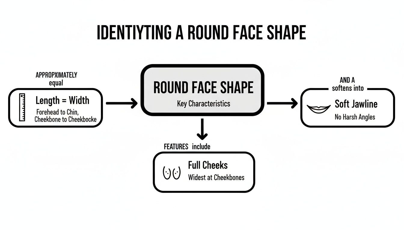 Flowchart illustrating the key characteristics for identifying a round face shape, including length, width, jawline, and full cheeks.