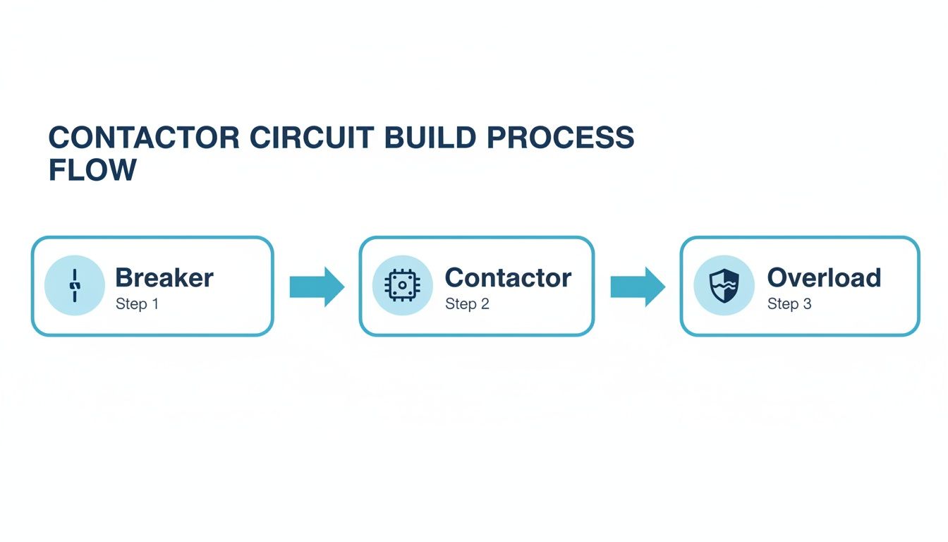 Flowchart illustrating the contactor circuit build process: Breaker, Contactor, and Overload in sequence.