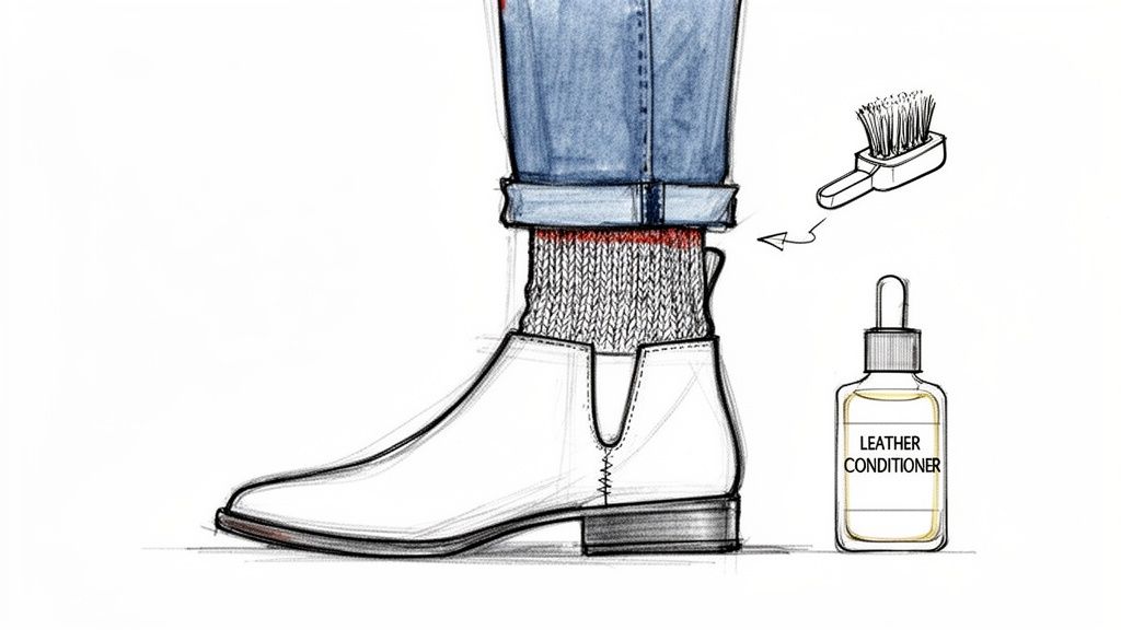 A sketch showing an ankle boot styled with cuffed jeans and knitted socks, plus boot care items.