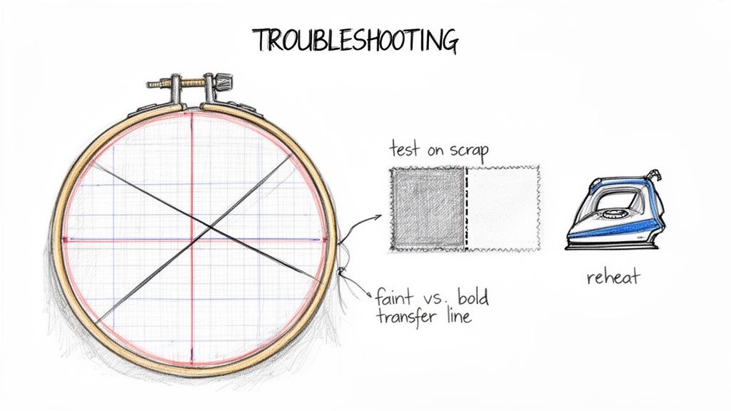 Illustrates troubleshooting for embroidery pattern transfer, including hoop lines, fabric test, and reheating iron.