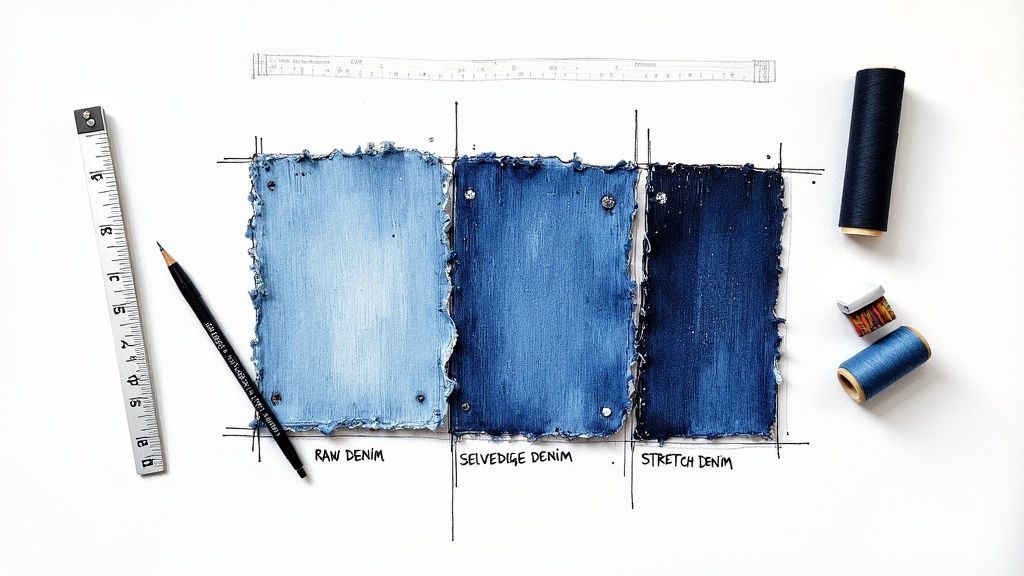 Close-up of various denim fabrics and sewing patterns laid out on a table.