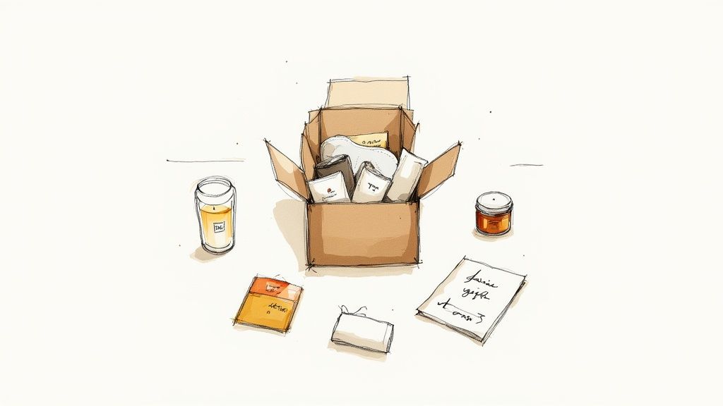 A hand-drawn watercolor sketch of an open gift box filled with presents, surrounded by candles and other wrapped items.