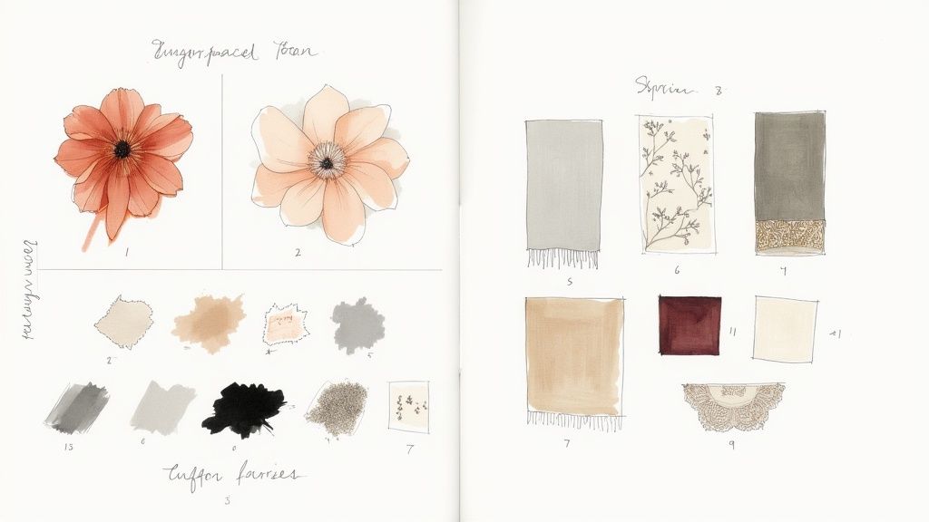 A sketchbook displaying floral watercolor illustrations, color swatches, and textile pattern designs.