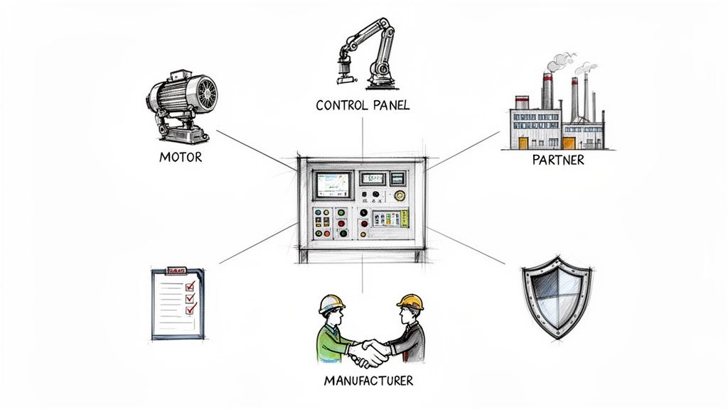 An industrial control panel ecosystem showing connections to motor, robot, factory, security, checklist, and manufacturers.