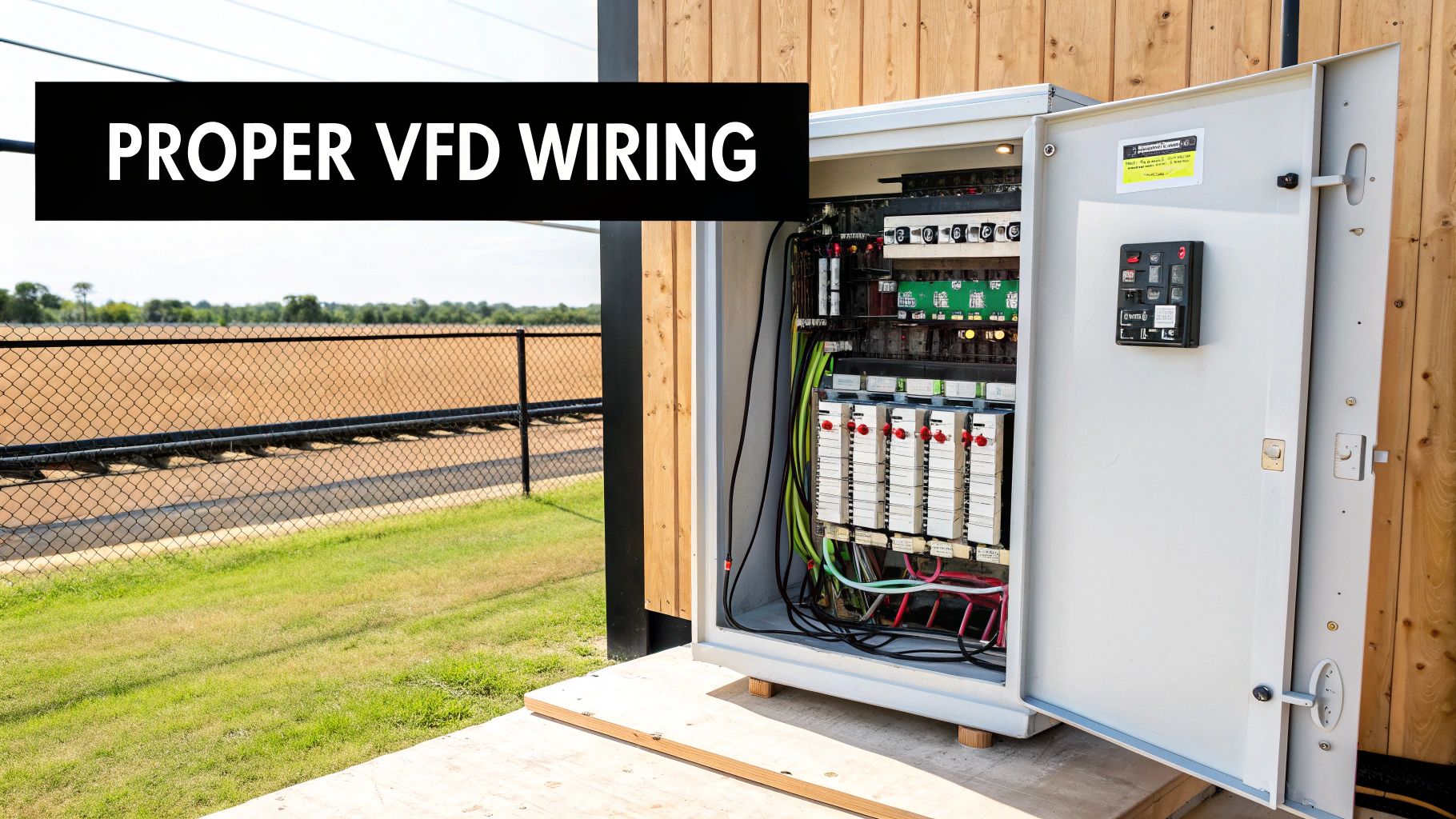 Technician wiring a variable frequency drive in a clean industrial control panel.