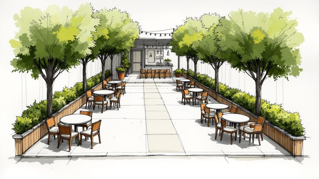 A watercolor sketch of an inviting outdoor cafe patio with tables, chairs, lush trees, and a bar.