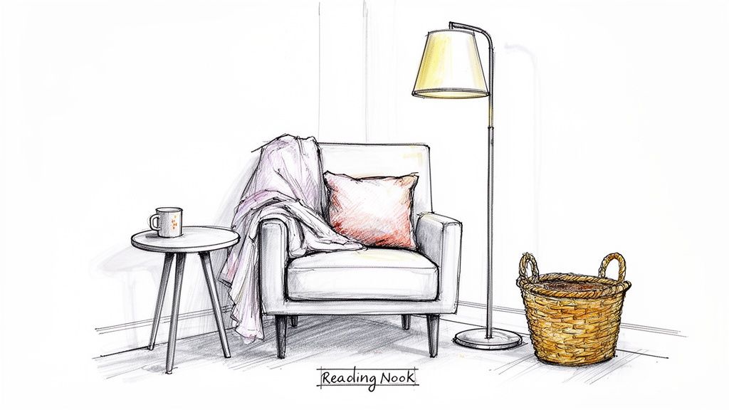 A hand-drawn sketch of a cozy reading nook with an armchair, floor lamp, side table, and basket.