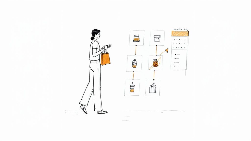 A woman with a shopping bag views a diagram showing local product choices, including food and gifts.