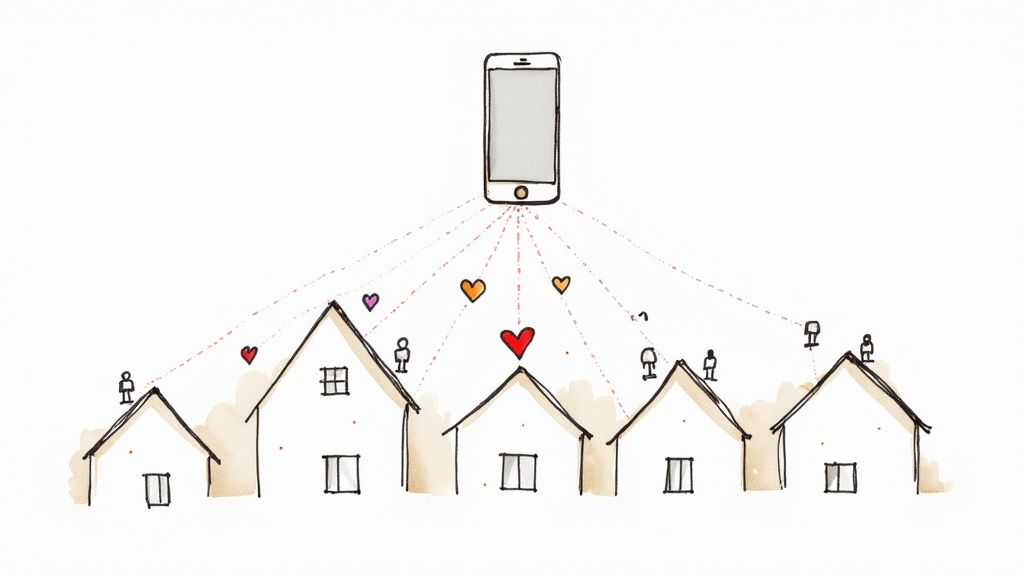 A smartphone connecting with multiple houses via dotted lines and hearts, symbolizing community engagement.
