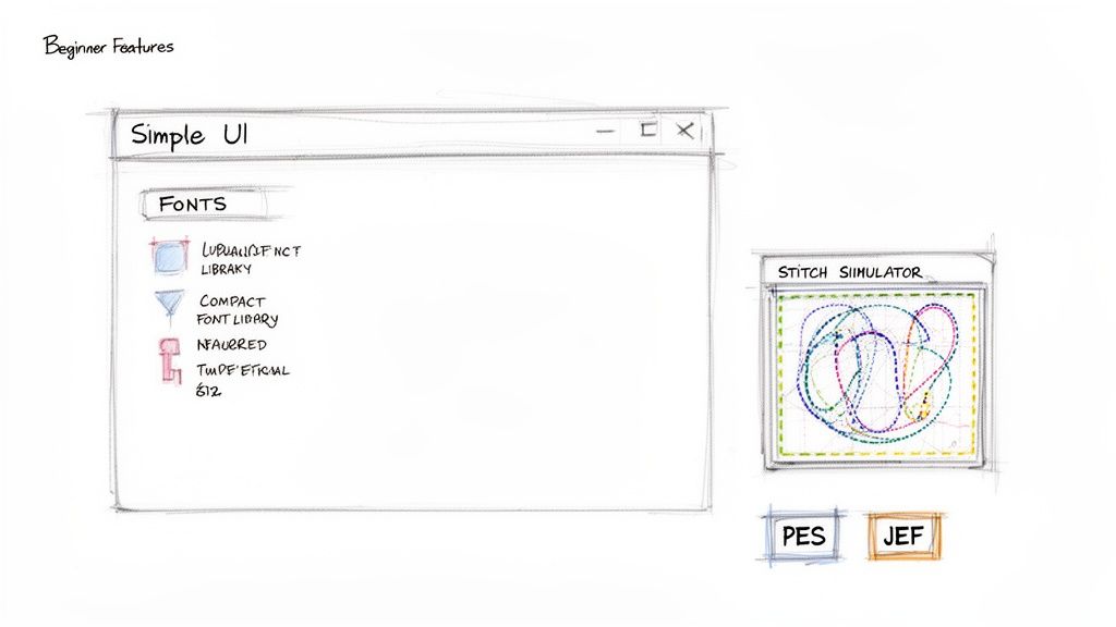 Sketch of embroidery software UI showing font selection, stitch simulator, and PES/JEF file types.