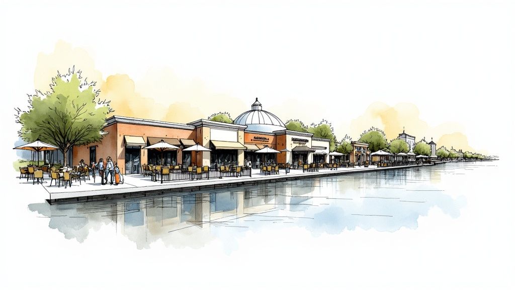 A picturesque riverwalk design featuring shops, cafes, and people enjoying outdoor patios beside water.