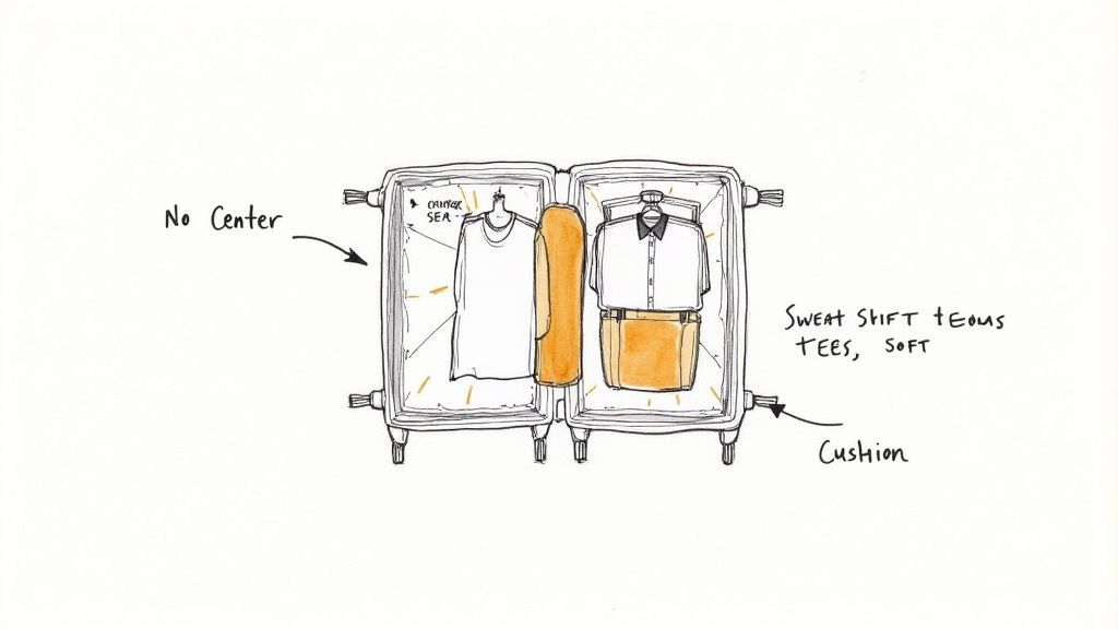 Sketch of an open suitcase showing organized clothes, including shirts and folded garments, with packing tips.
