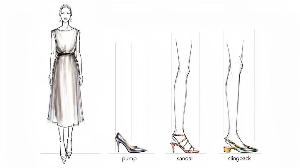 Fashion illustration showing a woman in a midi dress, along with examples of pumps, sandals, and slingback shoes.