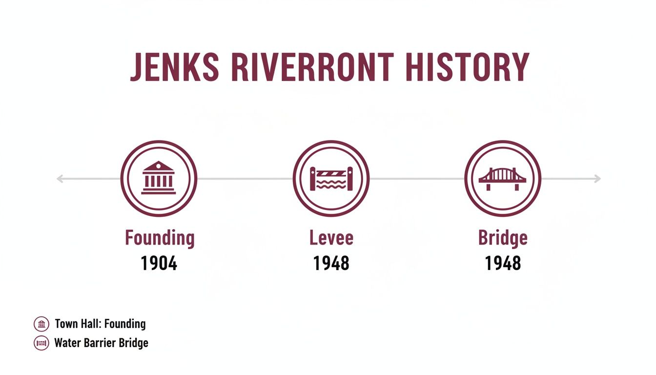 Timeline illustrating Jenks Riverfront history with key dates: Founding 1904, Levee 1948, and Bridge 1948.