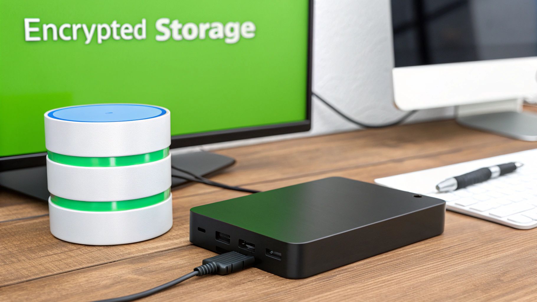 A desk with an external hard drive, a data storage device, and a monitor showing 'Encrypted Storage'.