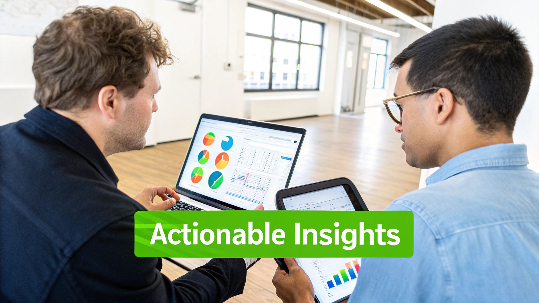 Two men analyze business data on a laptop and tablet, displaying various charts and graphs.