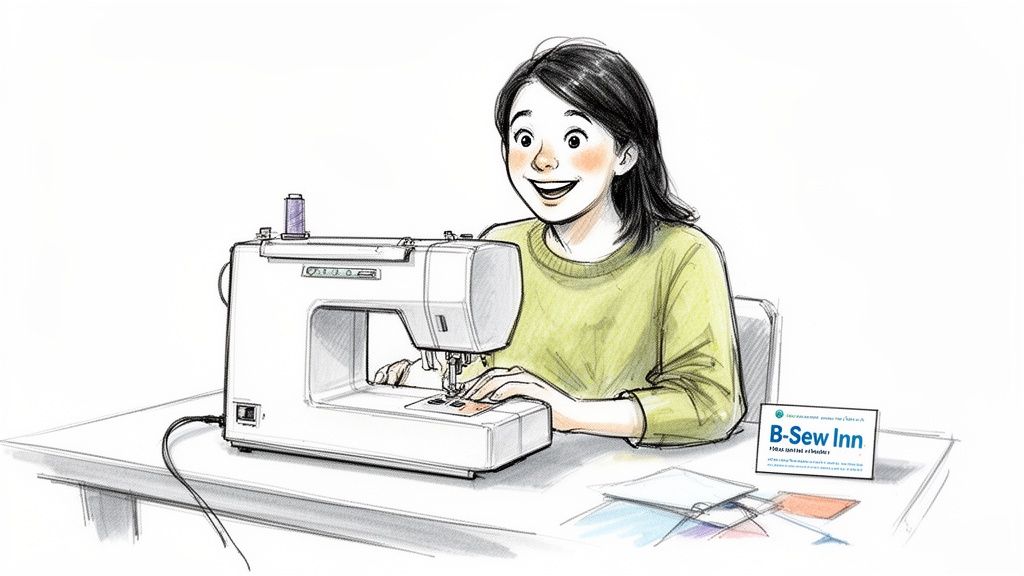 An illustration of a smiling woman happily sewing on a sewing machine with fabric.