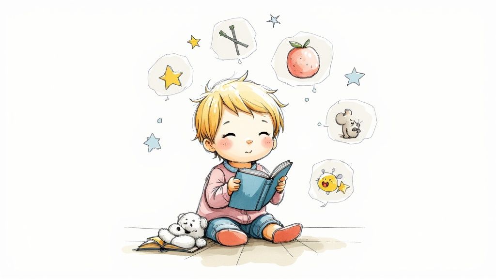 A child holding a Jellycat plush animal while reading its matching book