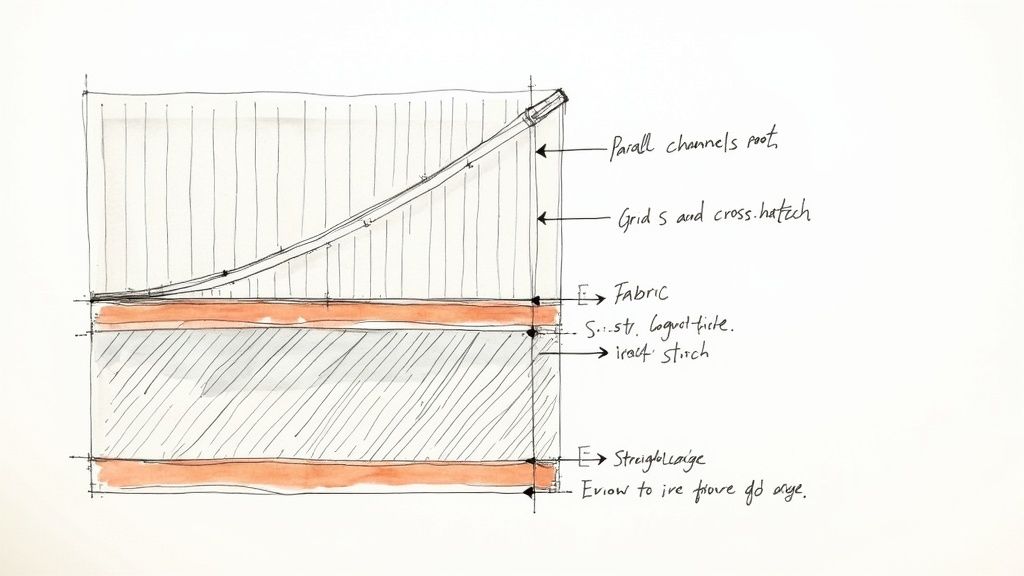 A close-up shot of a sewing machine needle stitching a straight line on a colorful quilt.