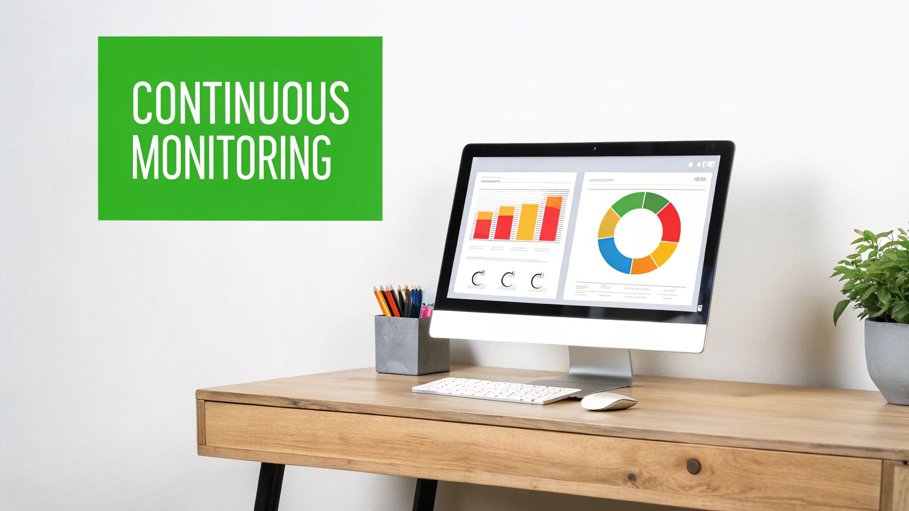 A desk with a computer displaying data charts, a plant, and a green sign stating 'Continuous Monitoring'.