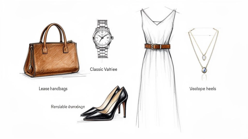 A sketch of a chic business outfit featuring a brown handbag, watch, dress, necklace, and black heels.