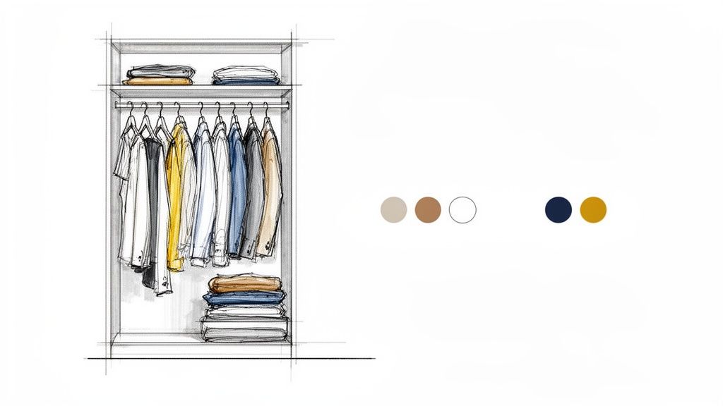 A hand-drawn sketch of a neatly organized closet with hanging and folded clothes, featuring a neutral and warm color palette.