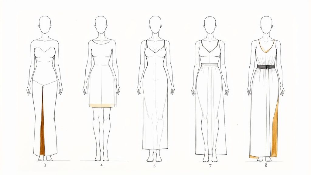 Fashion illustrations of five women wearing various formal dress designs, some with high slits.