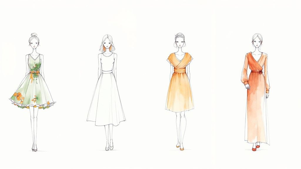 Four elegant fashion illustrations of women in dresses, including floral, A-line, and wrap styles.