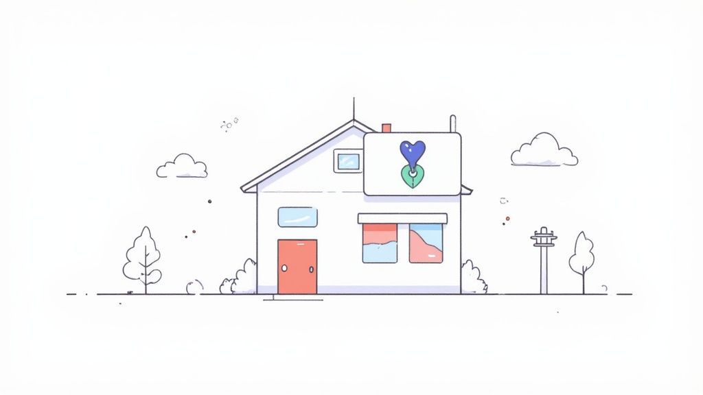 A professional woman in a business suit stands confidently in front of a modern home, symbolizing a home-based business with a legitimate physical address. A location pin icon is subtly placed over the home.