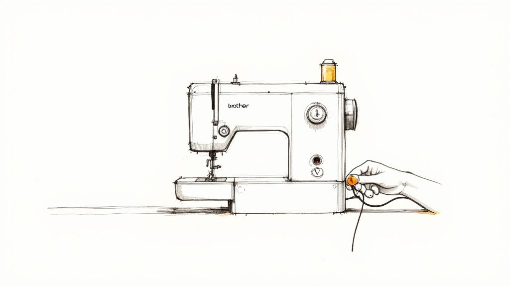 A close-up of a Brother sewing machine foot pedal resting on a wooden floor.